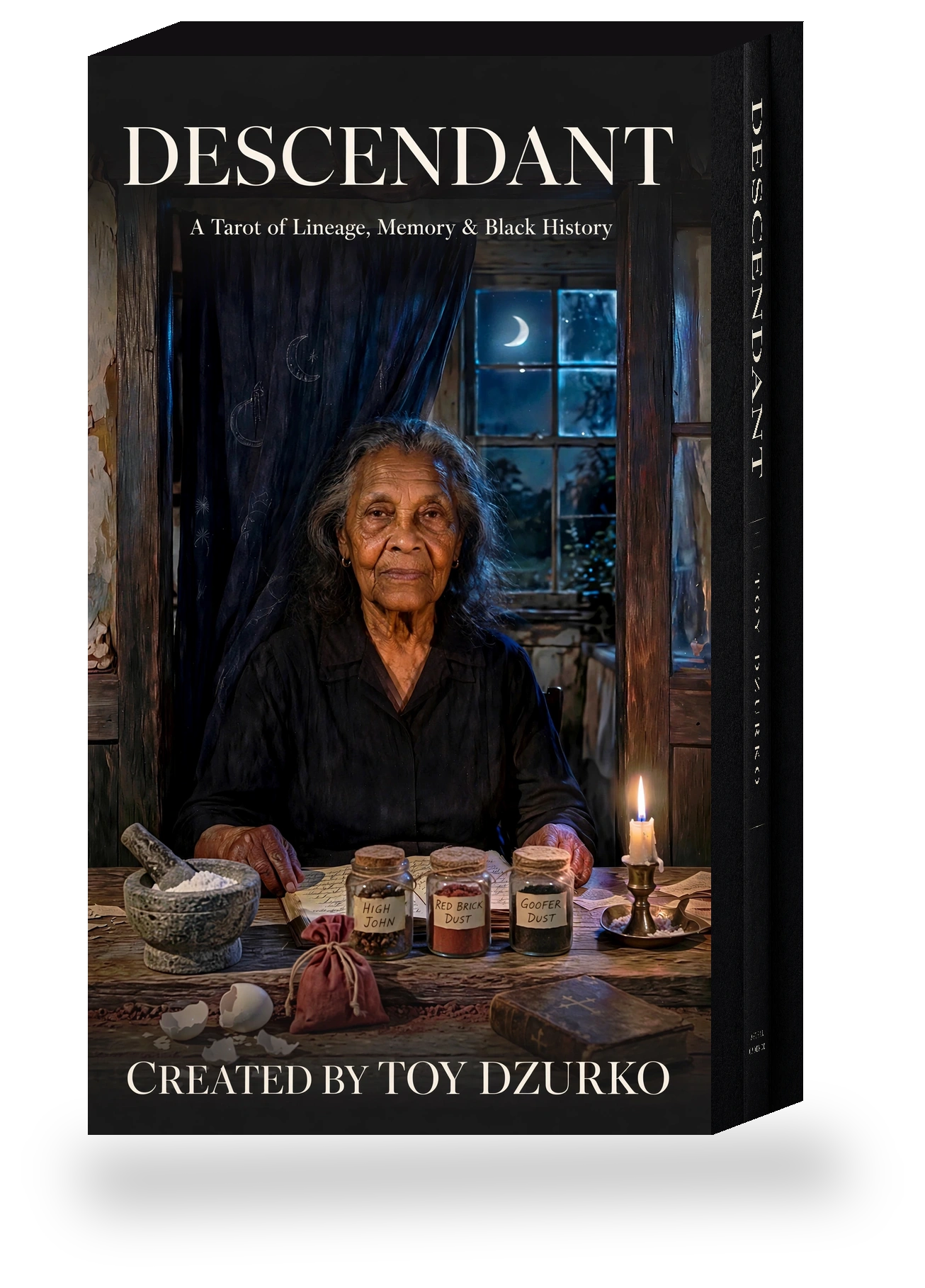 Three-dimensional box for DESCENDANT: A Tarot of Lineage, Memory & Black History, created by Toy Dzurko