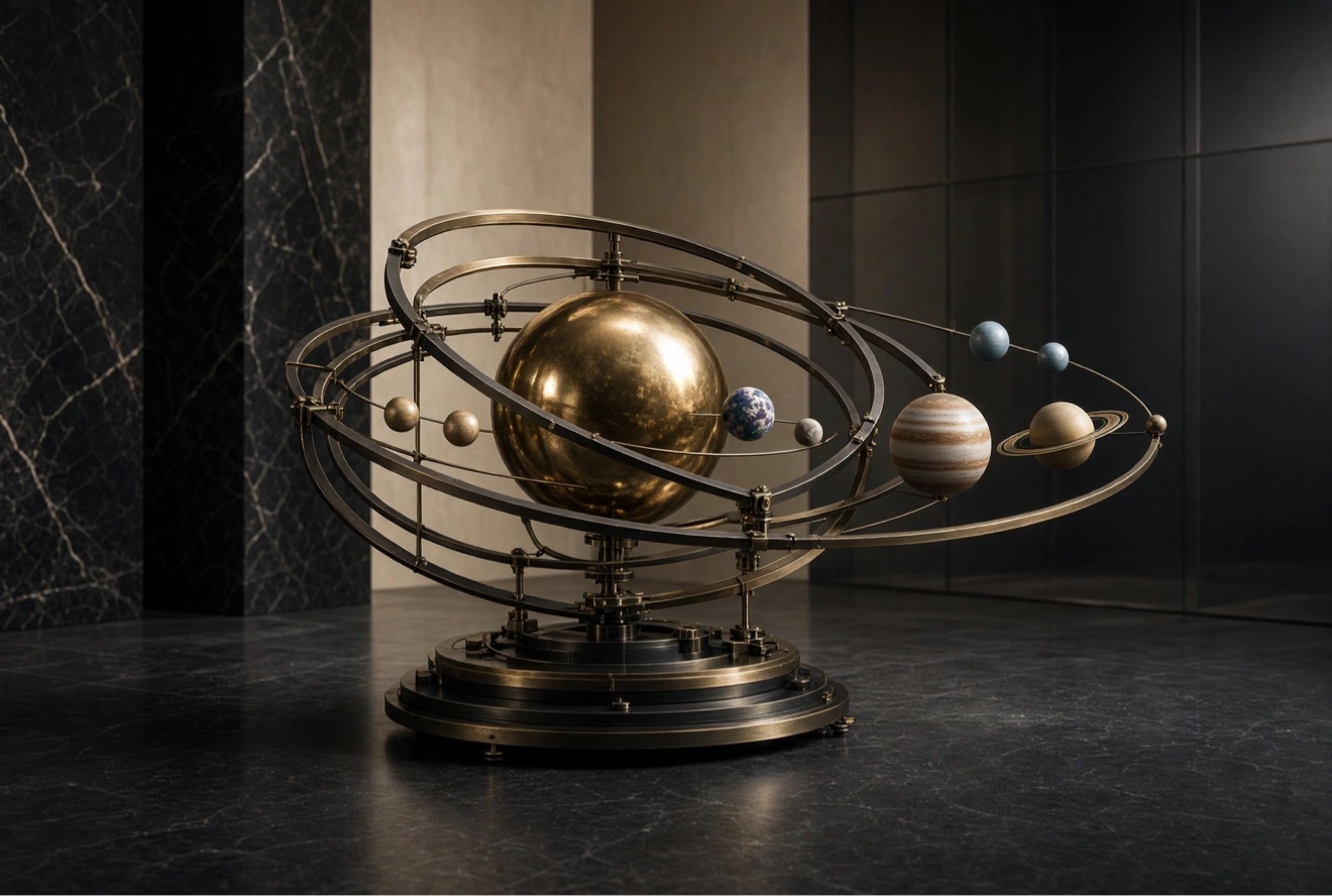A brass and blackened-metal orrery displayed in a marble-lined interior